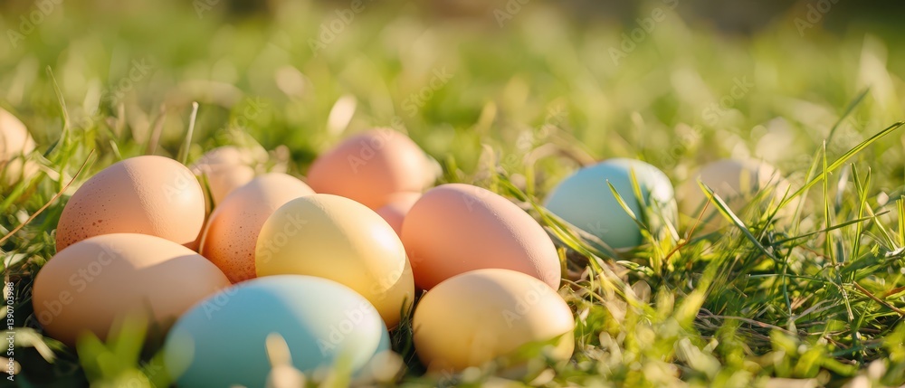 Colorful eggs scattered in a sunny grassy field