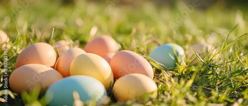 Obraz na płótnie Colorful eggs scattered in a sunny grassy field w salonie