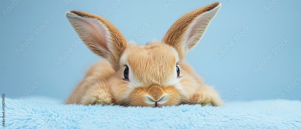 Cute brown rabbit rests on soft blanket