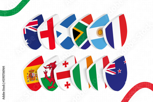 Flags of participant in international rugby tournament, all flags icon in rugby style. Vector illustration.