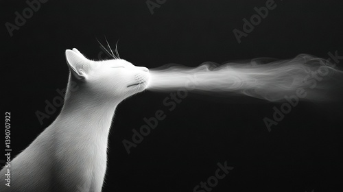 A monochrome image of a feline emitting steam from its maw against a dark background