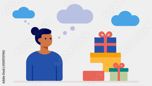 Gift Giving An individual standing in front of a pile of gift options for a friend with a confused expression and a thought bubble showing various possibilities that clash with one