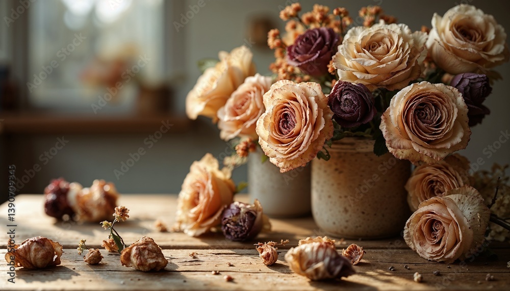 Dried rose bouquet with a nostalgic mood on a rustic wooden table
Dried rose bouquet with a nostalgic mood on a rustic wooden table