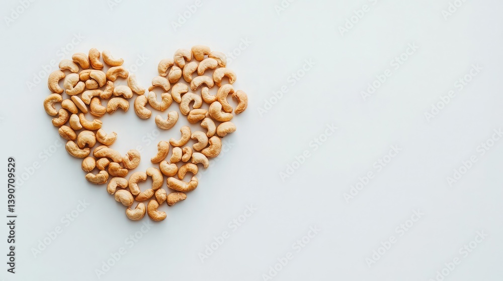 A visually balanced arrangement of raw cashew nuts forming a heart shape on a plain white surface A visually balanced arrangement of raw cashew nuts forming a heart shape on a plain white surface