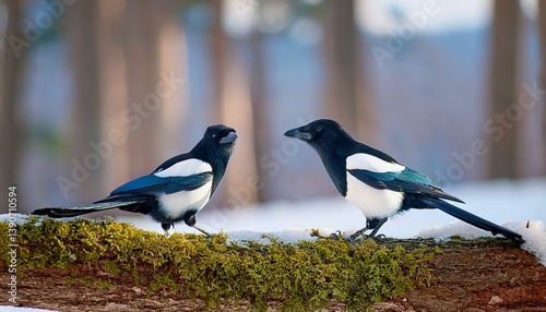 two eurasian magpies pica pica on moss covered branch in winter pair of black and white birds in winter
