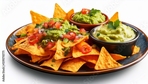 plate of mexican nachos chips with guacamole salsa and cheese dip isolated on transparent background