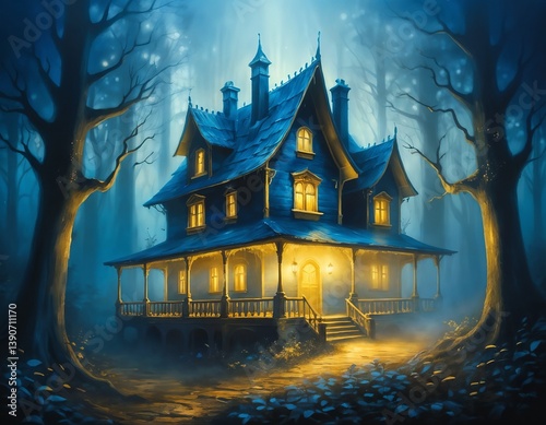 Enchanted spooky house glowing in the dark forest  