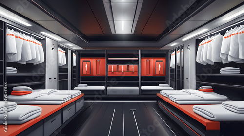 Modern minimalist locker room with neatly arranged towels and uniforms, featuring a sleek black and red design.