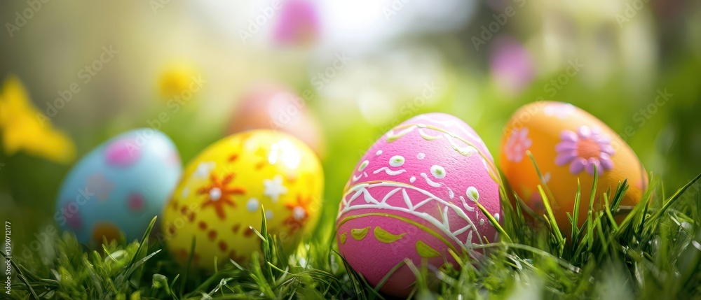 Colorful Easter eggs on vibrant green grass