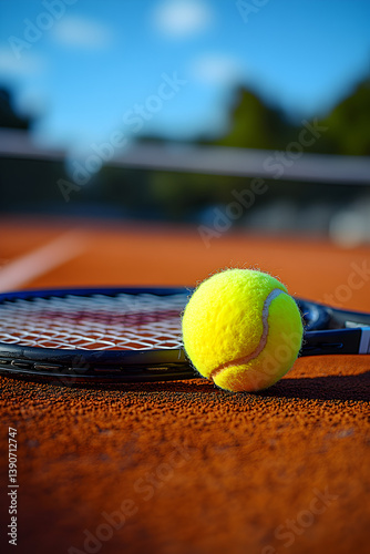 A close-up of a tennis racket resting on a clay court with a bright yellow tennis ball beside it, and the net slightly out of focus in the background