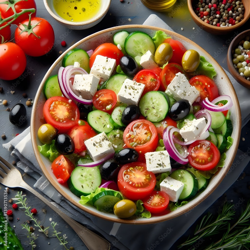 Bright and fresh Greek salad with tomatoes, cucumber, red onion, olives, and feta cheese. Bright and fresh Greek salad with tomatoes, cucumber, red onion, olives, and feta cheese.