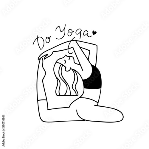 Vector illustration of woman with wavy hair practicing yoga. Outline drawing with female character isolated on white background. Mermaid Pose, Eka Pada Rajakapotasana. Do yoga hand lettering.
