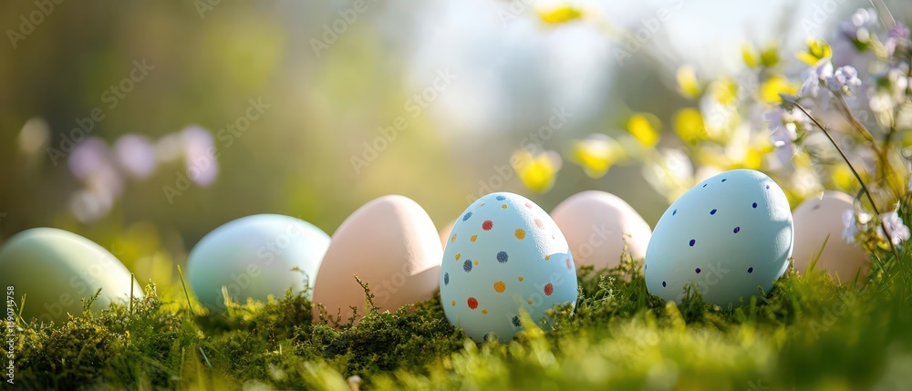 Colorful Easter eggs arranged in a sunny garden