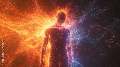 Obraz na płótnie A human figure seems to merge with bright streams of light, creating a dissolving energy effect w salonie