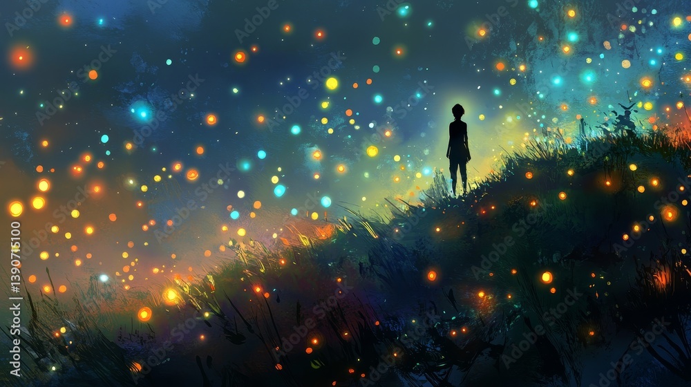 A man standing on a hill surrounded by colorful lights