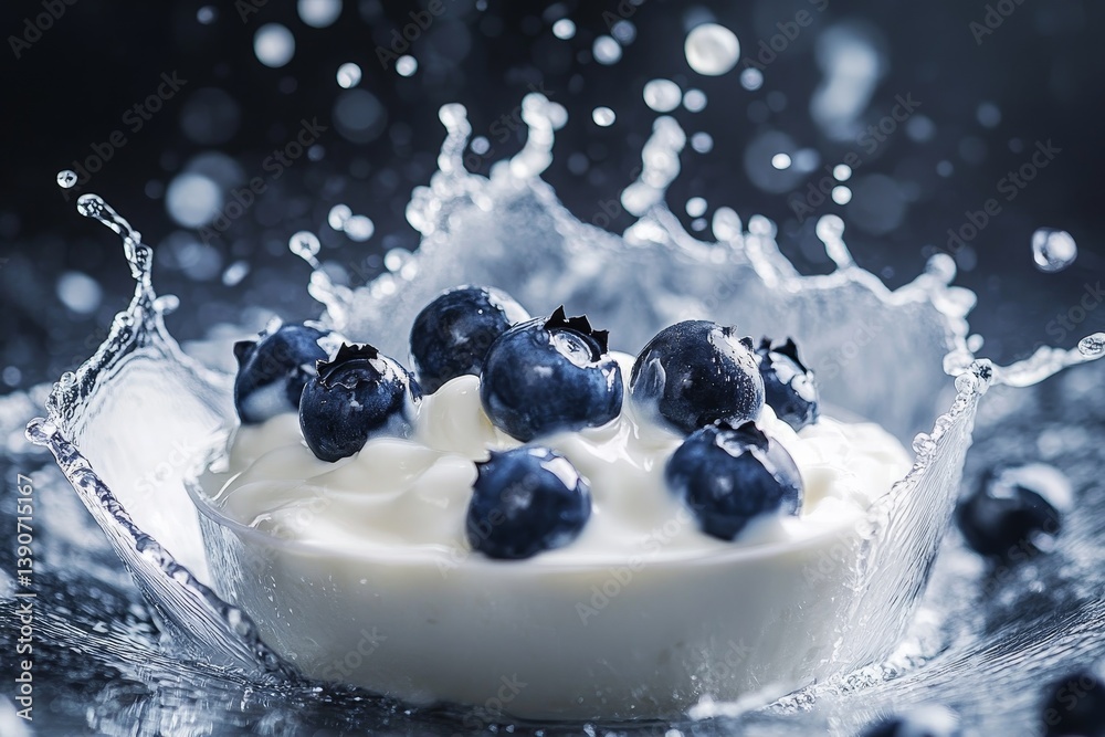 blueberries fall into yogurt, splashing it