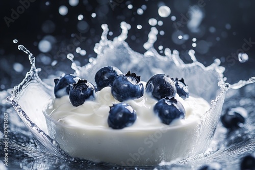 Obraz na płótnie blueberries fall into yogurt, splashing it w salonie
