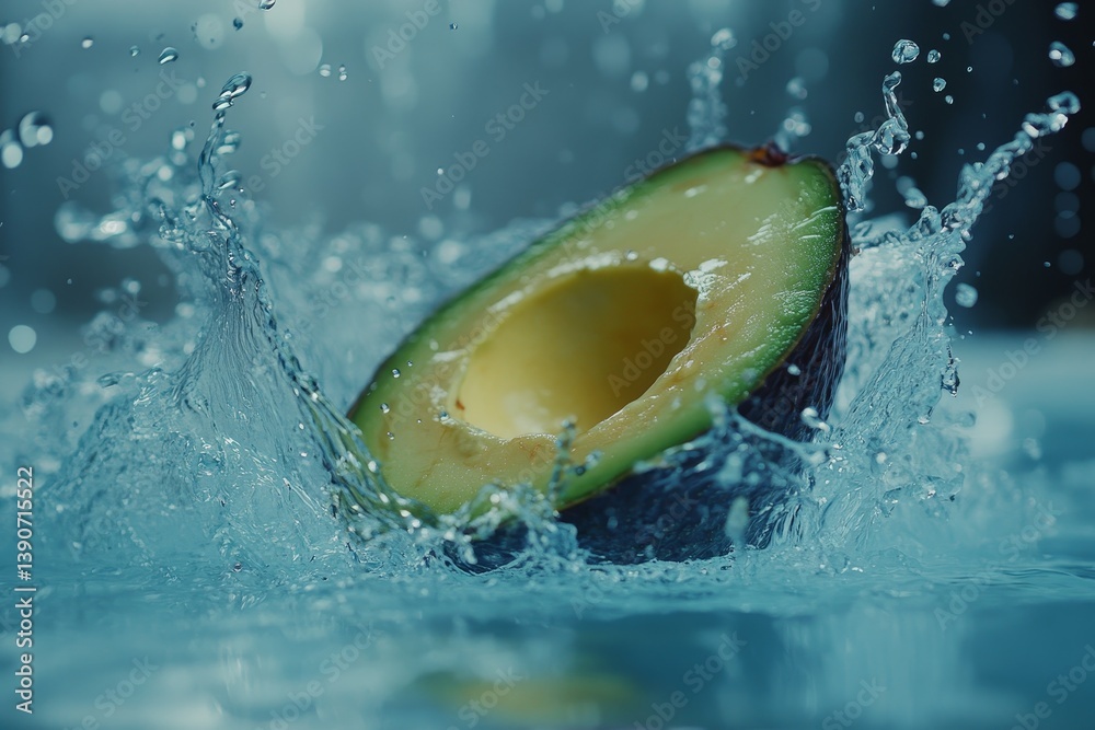 Cut piece of avocado fall into the water, causing a splash of water