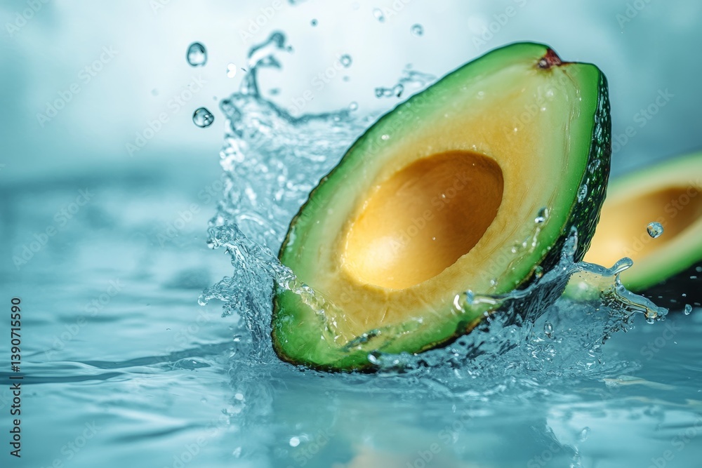 Cut pieces of avocado fall into the water, causing a splash of water