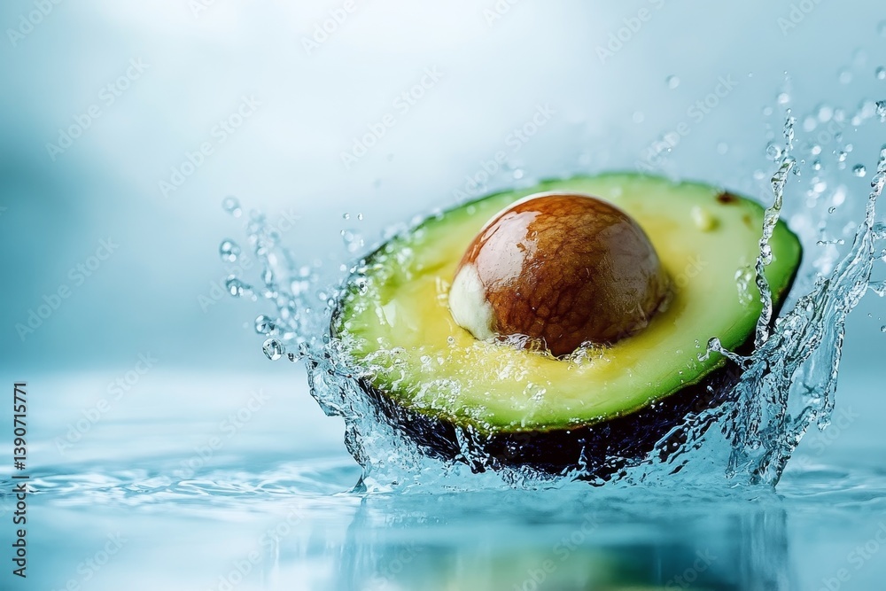Cut piece of avocado fall into the water, causing a splash of water