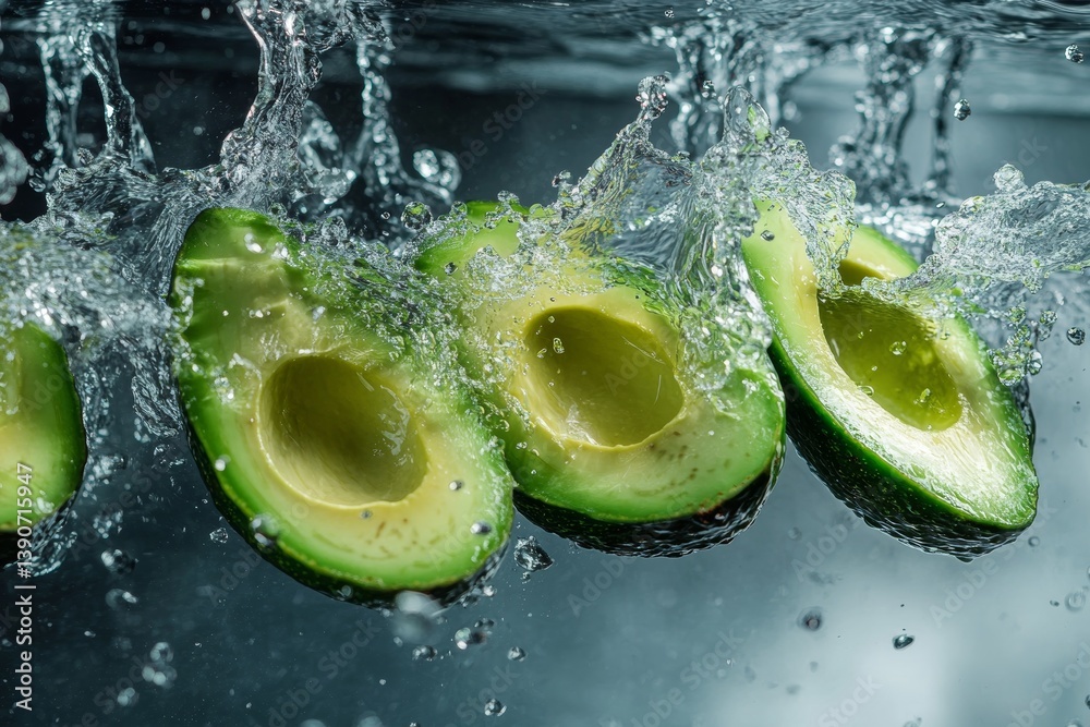 Cut pieces of avocado fall into the water, causing a splash of water
