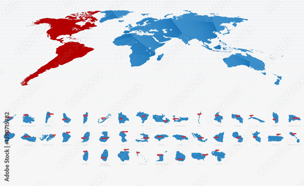 Fototapeta premium Low Poly Blue Gradient Maps of America with Capital City Signs.