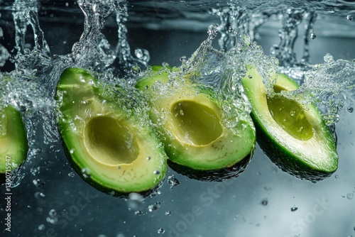 Obraz na płótnie Cut pieces of avocado fall into the water, causing a splash of water w salonie