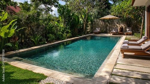 Wallpaper Mural Serene Outdoor Pool Surrounded by Tropical Plants and Comfortable Lounge Chairs in a Luxurious Setting Torontodigital.ca