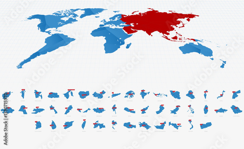 Low Poly Blue Gradient Maps of Asia with Capital City Signs.