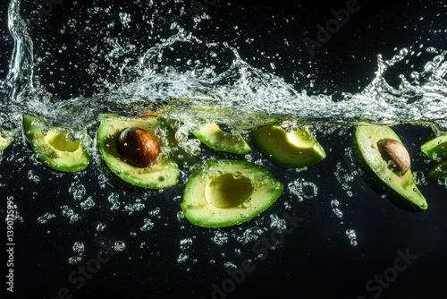 Obraz na płótnie Cut pieces of avocado fall into the water, causing a splash of water w salonie