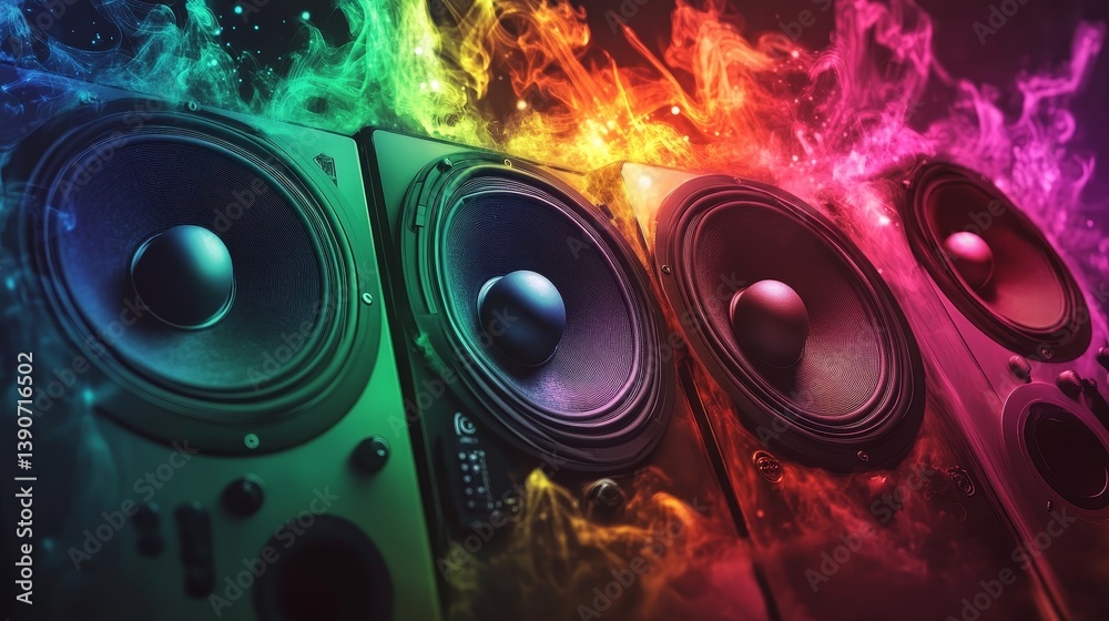 Abstract colorful sound waves spread out from speakers, visualizing music