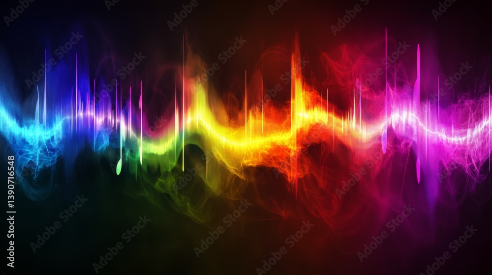 Abstract colorful sound waves spread out from speakers, visualizing music
