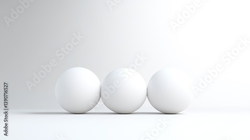 Three white spheres arranged in a row on a plain white surface