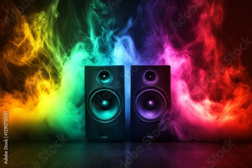 Obraz na płótnie Abstract colorful sound waves spread out from speakers, visualizing music w salonie