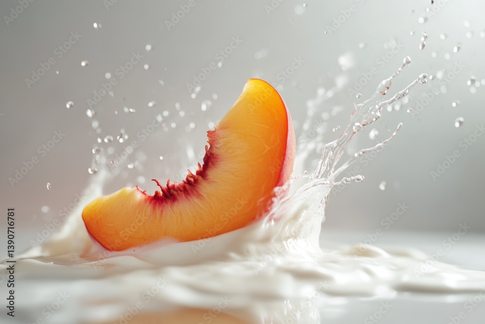 Sliced peach piece fall into vanilla yogurt, splashing it
