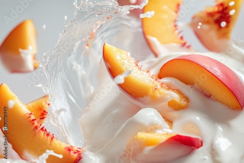 Obraz na płótnie Sliced peach pieces fall into vanilla yogurt, splashing it w salonie