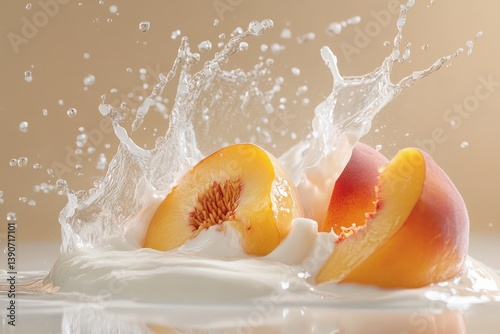 Obraz na płótnie Sliced peach pieces fall into vanilla yogurt, splashing it w salonie