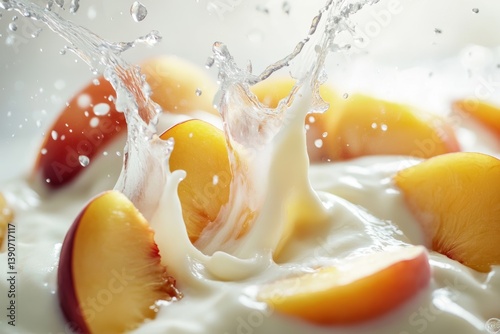 Obraz na płótnie Sliced peach pieces fall into vanilla yogurt, splashing it w salonie