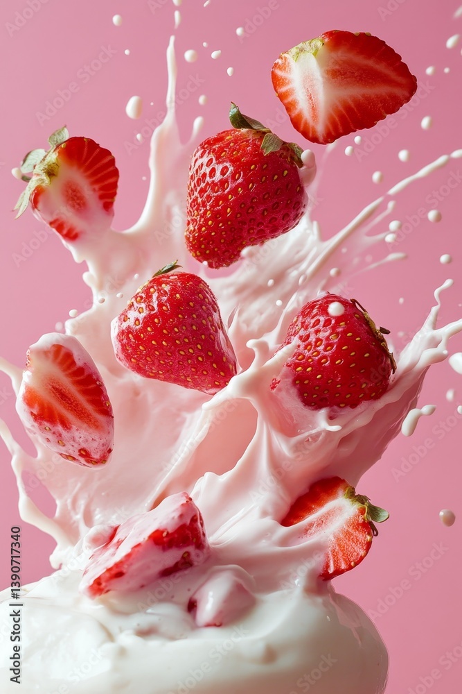Sliced strawberry pieces fall into vanilla yogurt, creating a splash