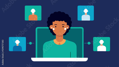 Distant Colleagues A splitscreen image of an individual on a video call while their colleagues appear far away on the screen showing the distance in virtual communication.