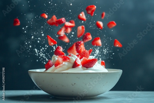 Obraz na płótnie Sliced strawberry pieces fall into vanilla yogurt, creating a splash w salonie