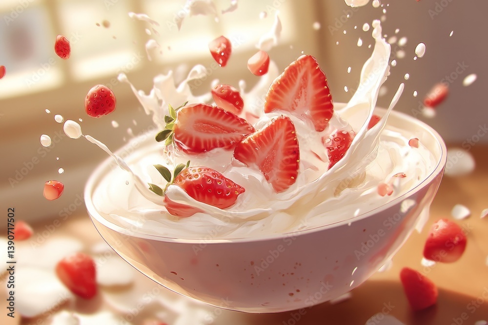 Sliced strawberry pieces fall into vanilla yogurt, creating a splash