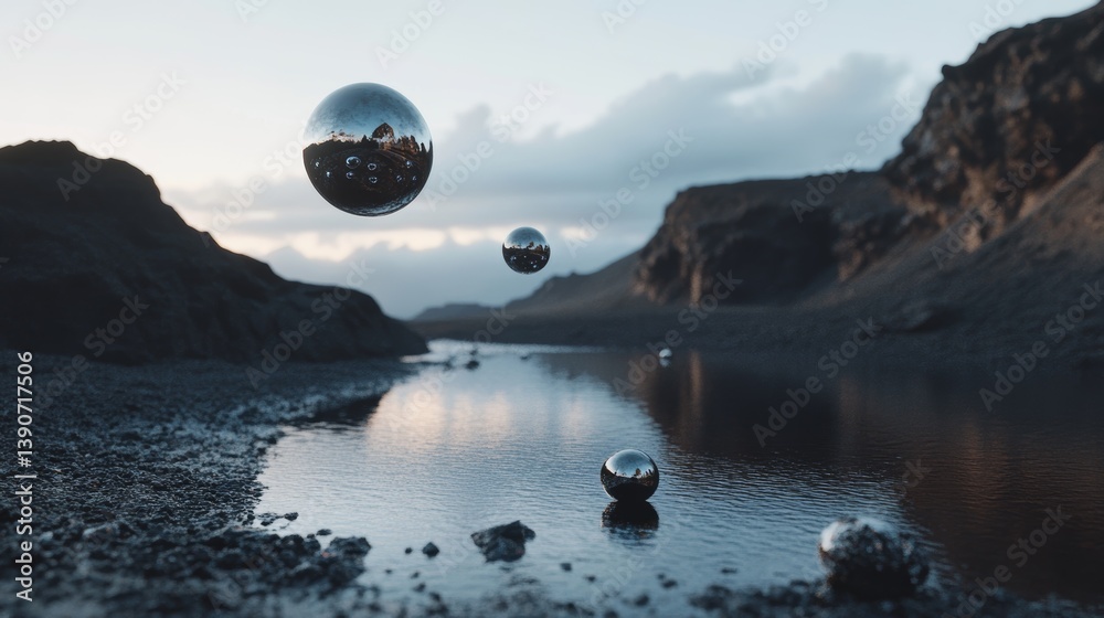 Drops of liquid metal float in the air, reflecting the surrounding world with a futuristic shine