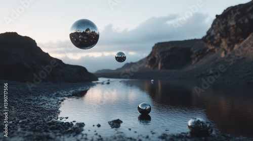 Obraz na płótnie Drops of liquid metal float in the air, reflecting the surrounding world with a futuristic shine w salonie