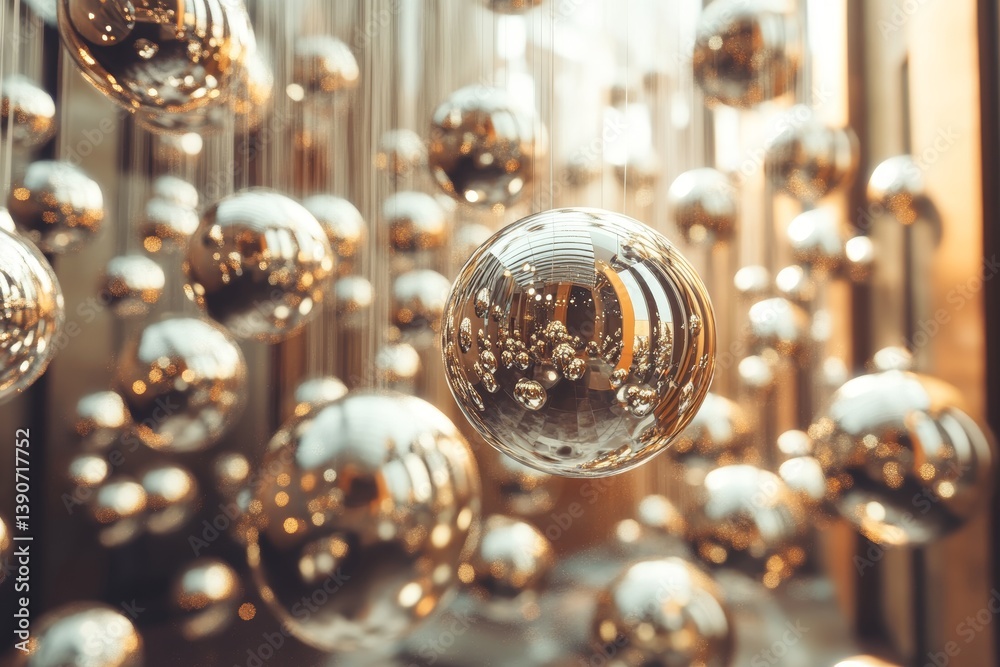 Drops of liquid metal float in the air, reflecting the surrounding world with a futuristic shine