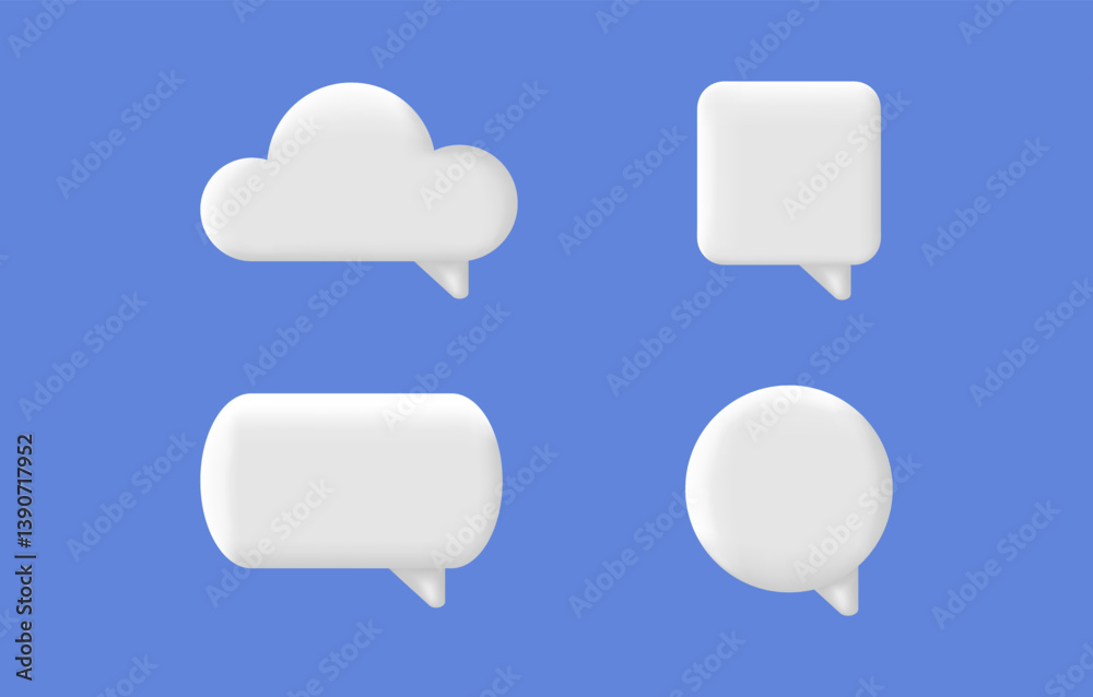 Speech bubble 3d set. Chat message icon. White text box. Social media banner. Comment square balloon. Dialog frame. Speak tag. Cloud quite sign. Business communication concept. Vector illustration