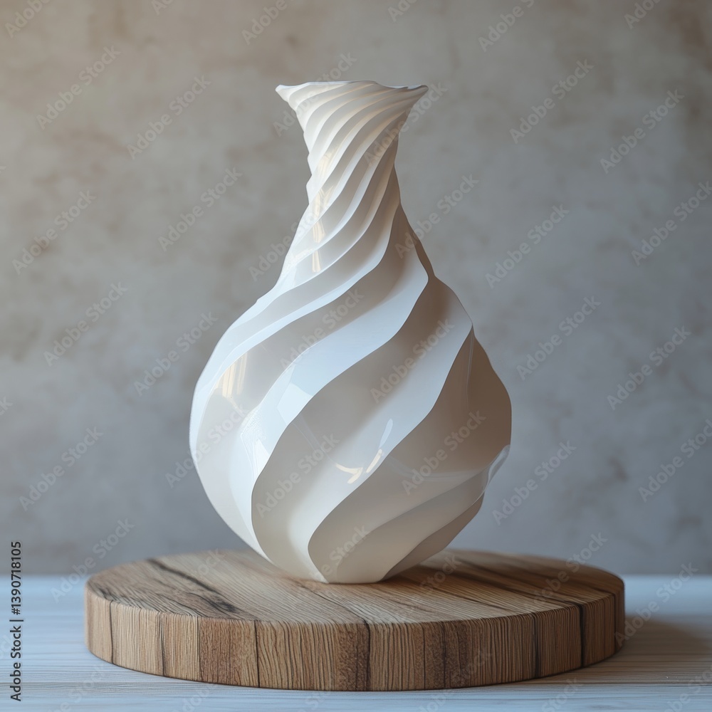 spiral white vase stands on round wooden surface