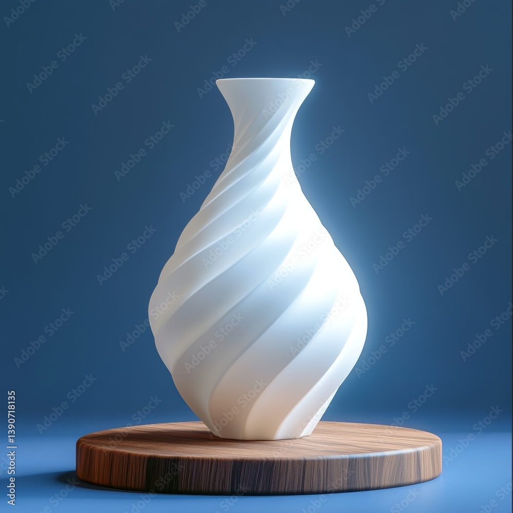 spiral white vase stands on round wooden surface on blue background