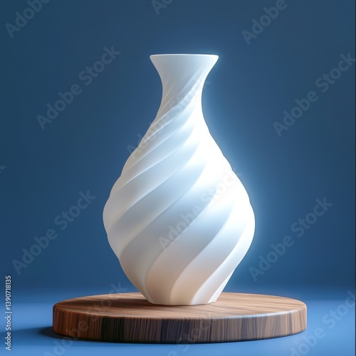 Obraz na płótnie spiral white vase stands on round wooden surface on blue background w salonie