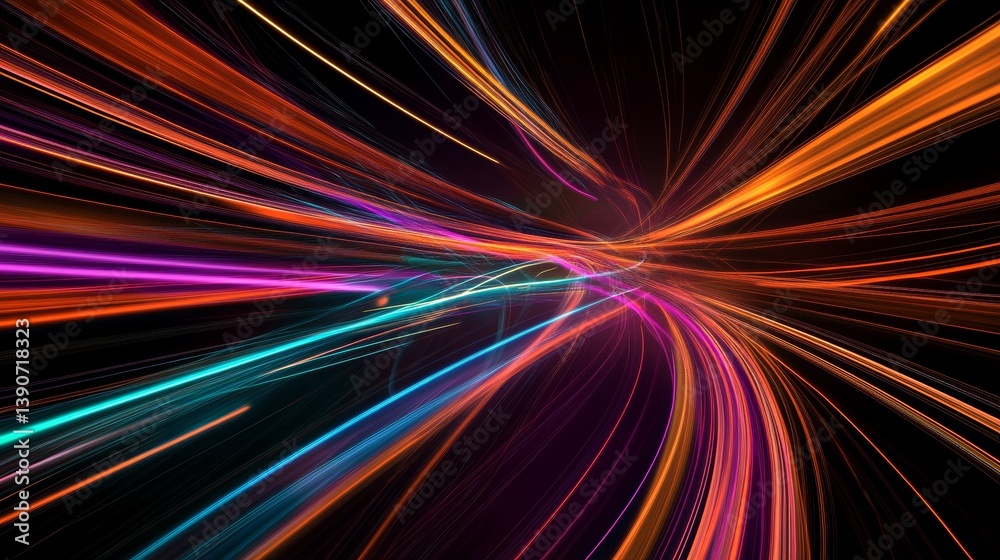 Thin, glowing lines of turquoise, orange and purple converge at one point on a black background
